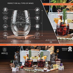 Aquarius Stemless Wine Glasses Zodiac Aquarius Set Hand Etched 15 oz Astrology Sign Glassware One Glass image 3