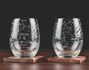 Pisces Stemless Wine Glasses | Zodiac Pisces Set |Astrology Sign Glassware Hand Etched 15 oz (Set of 2)