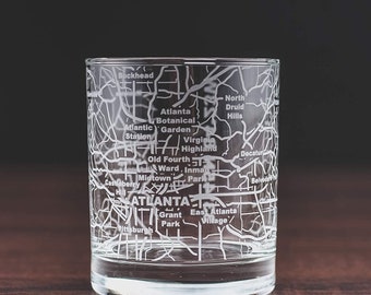 Atlanta Map Etched Whiskey Glasses - Old Fashioned Rocks 10 Oz (Single Glass)