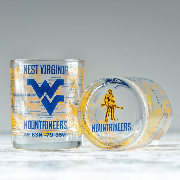 West Virginia University Whiskey Glass Set (2 Low Ball Glasses) Contains Full Color WV Logo & Campus Map