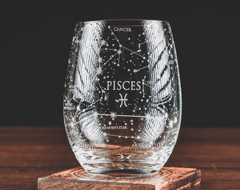 Pisces Stemless Wine Glass | Etched Zodiac Pisces Gift | (Single Glass) - Astrology Sign Constellation Tumbler 15oz