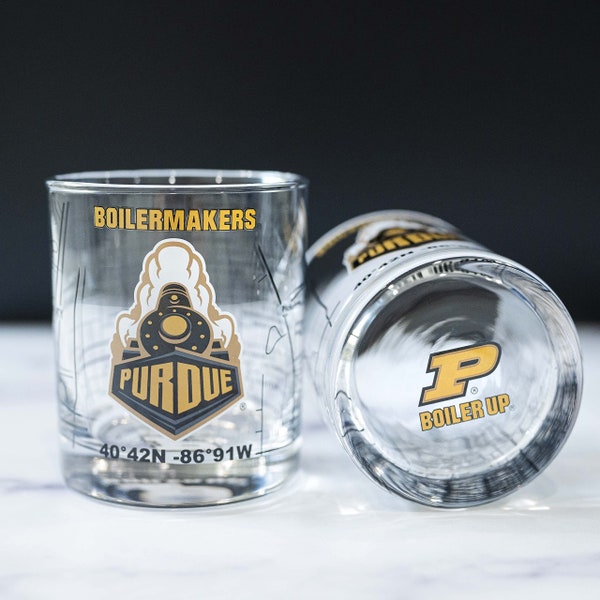 Purdue University Whiskey Glass Set (2 Low Ball Glasses) - Logo On Bottom