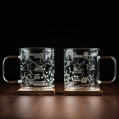 Glass Coffee Mug - 16 oz Tumbler Science of Coffee Glass (Set of 2) - Etched with Coffee Chemistry Molecules