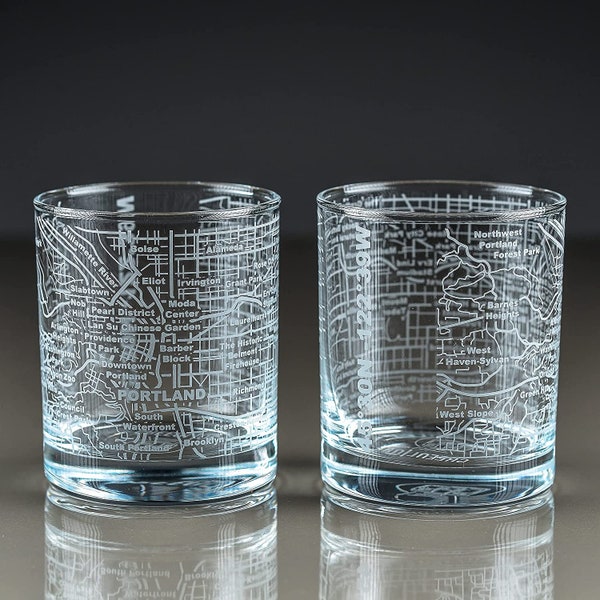 Portland - City Map Etched Whiskey Glasses -  | Old Fashioned Rocks Glass - Set of 2