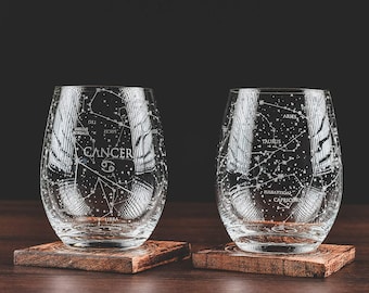 Greenline Goods Cancer Stemless Wine Glasses | Zodiac Cancer Set | Hand Etched 15 oz (Set of 2) - Astrology Sign Glassware