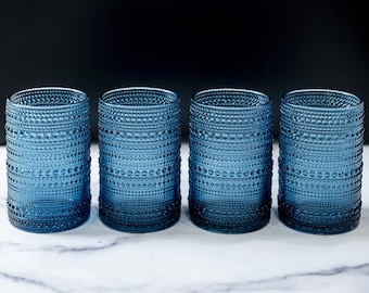 Hobnail Drinking Glasses - Blue 13 oz - Set of 4 - Retro Drinkware Sets