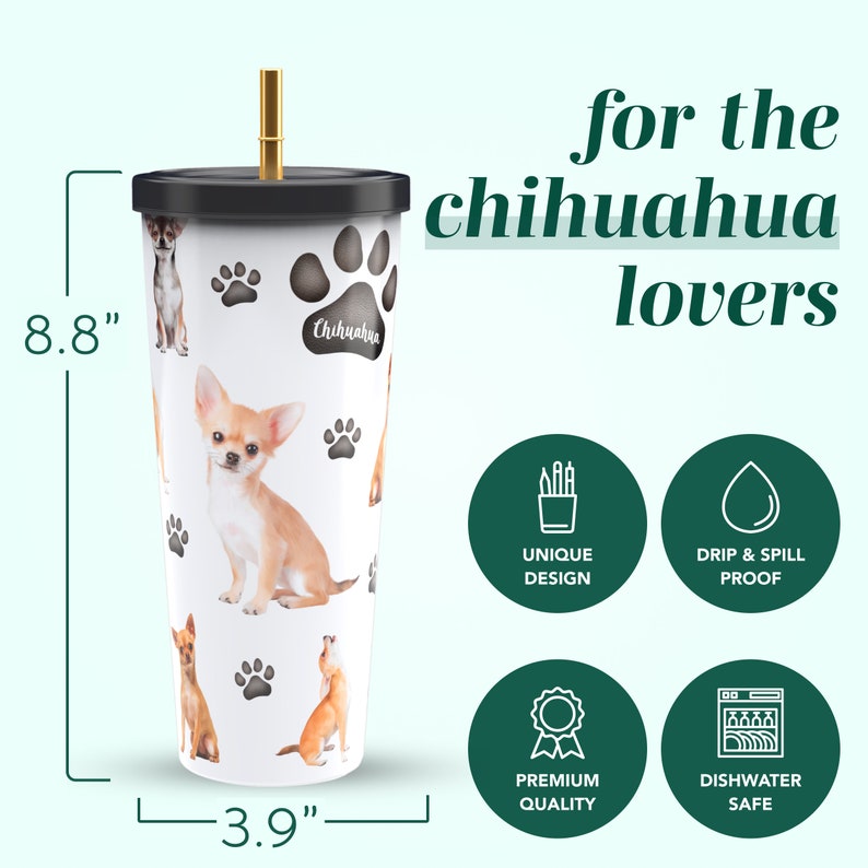 Chihuahua Insulated Stainless Steel Tumbler with Gold Straw 750ml Dog Mom & Dad Gift image 2