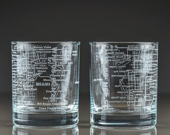 Miami - City Map Etched Whiskey Glasses -  | Old Fashioned Rocks Glass - Set of 2