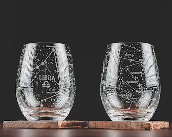 Libra Stemless Wine Glasses | Zodiac Libra Set | Hand Etched Astrology Sign Glassware 15 oz (Set of 2)