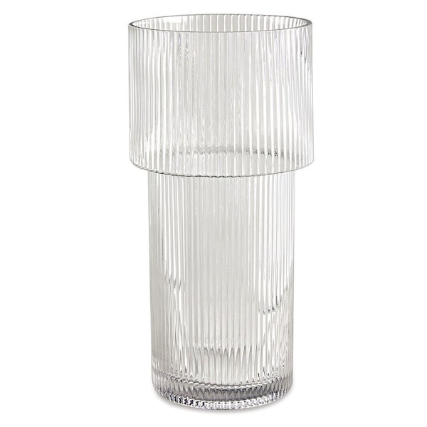 Large Tall Ribbed Vase with Wider Top Hand-Blown Glass Vases for Flowers - Clear