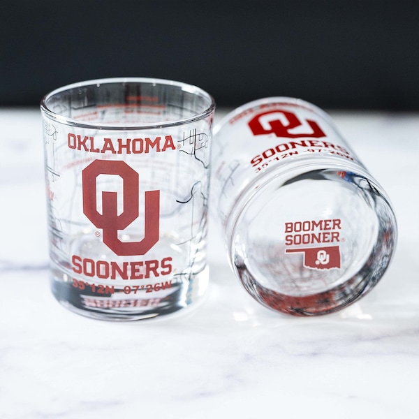 University Of Oklahoma Whiskey Glass Set (2 Low Ball Glasses) - Logo On Bottom