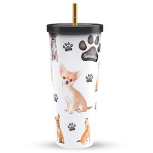 Chihuahua Insulated Stainless Steel Tumbler with Gold Straw 750ml Dog Mom & Dad Gift image 1