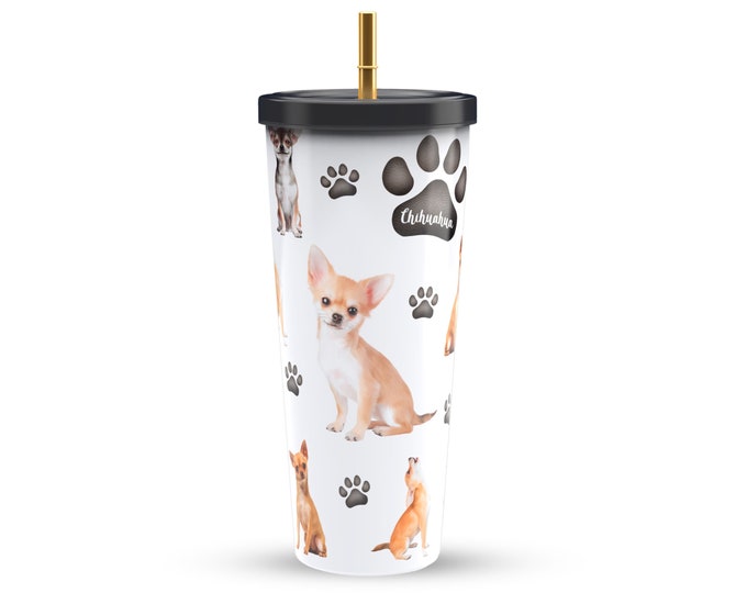 Chihuahua Insulated Stainless Steel Tumbler with Gold Straw 750ml  - Dog Mom & Dad Gift
