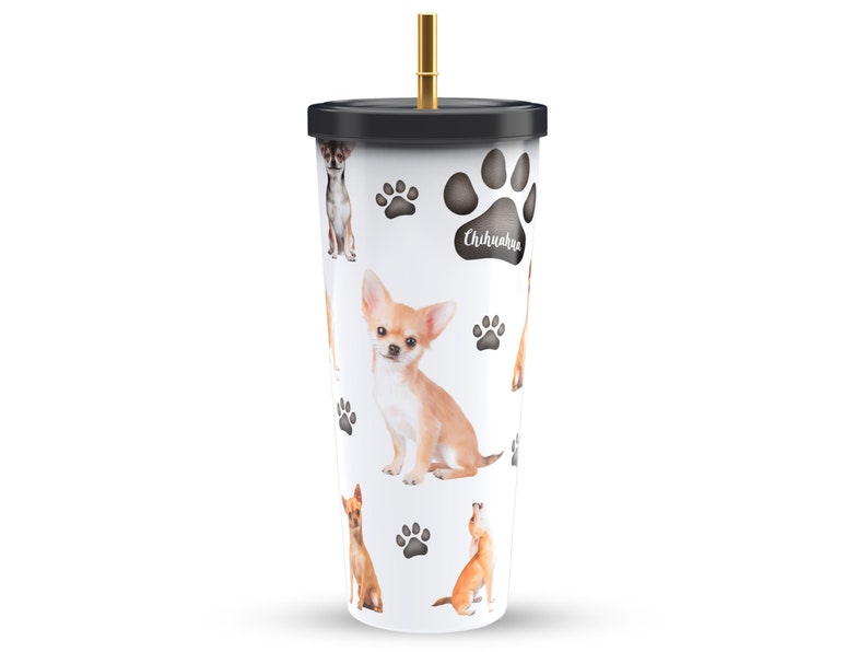 Chihuahua Insulated Stainless Steel Tumbler with Gold Straw 750ml Dog Mom & Dad Gift image 1
