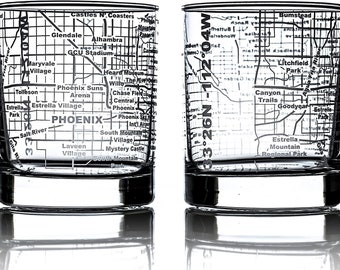Phoenix - City Map Etched Whiskey Glasses -  | Old Fashioned Rocks Glass - Set of 2