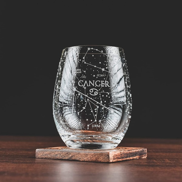 Greenline Goods Cancer Stemless Wine Glass | Etched Zodiac Cancer Gift | 15 oz (Single Glass) - Astrology Sign Constellation Tumbler