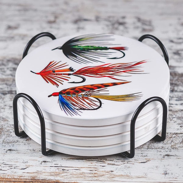 Fishing Coasters Ceramic - (Set of 4) Lure Themed for Your Fisherman or Fisherwomen With Metal Stand