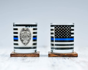 Thin Blue Line Police Officer Whiskey Old Fashioned Glasses (Set of 2) - 10 oz - Classic Drinkware with Law Enforcement Flag Graphics