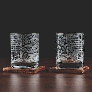 Detroit Map Etched Whiskey Glasses | Old Fashioned Rocks Glass - Set of 2 10 Oz Tumbler Gift Set