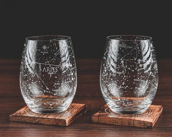 Aries Etched Stemless Wine Glasses | Zodiac Aries Set | Hand Etched 15 oz (Set of 2)