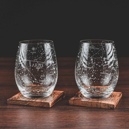 Aries Etched Stemless Wine Glasses  Zodiac Aries Set  Hand Etched 15 oz Set of 
