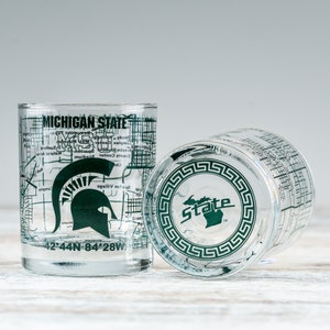 Michigan State University Whiskey Glass Set (2 Low Ball Glasses) | Contains Full Color MSU Logo & Campus Map