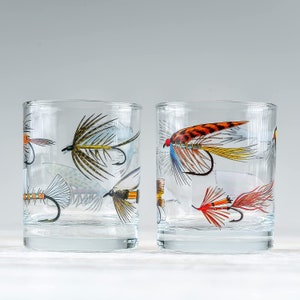 Whiskey Glasses - Fly Fishing Glass Set for Fisherman and Outdoorsman – Fly Lures Themed 10 oz Whiskey Drinking Glass Set of 2