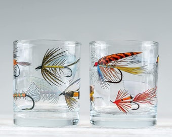 Whiskey Glasses - Fly Fishing Glass Set for Fisherman and Outdoorsman – Fly Lures Themed 10 oz Whiskey Drinking Glass Set of 2