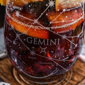 Gemini Stemless Wine Glasses Zodiac Gemini Set Hand Etched Astrology Sign Glassware 15 oz Set of 2 image 5
