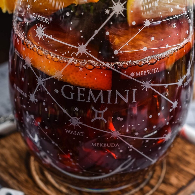 Gemini Stemless Wine Glasses Zodiac Gemini Set Hand Etched Astrology Sign Glassware 15 oz Set of 2 image 5