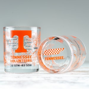 University Of Tennessee Whiskey Glass Set (2 Low Ball Glasses) | Contains Full Color Tennessee Volunteers Logo & Campus Map