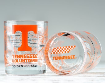 University Of Tennessee Whiskey Glass Set (2 Low Ball Glasses) | Contains Full Color Tennessee Volunteers Logo & Campus Map