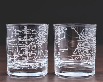San Francisco Map Etched Whiskey Glasses Tumbler Gift Set | Old Fashioned Rocks Glass (Set of 2) - 10 Oz