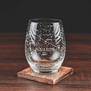 Aquarius Stemless Wine Glasses | Zodiac Aquarius Set | Hand Etched 15 oz - Astrology Sign Glassware (One Glass)