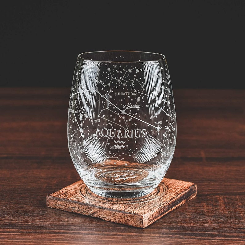 Aquarius Stemless Wine Glasses Zodiac Aquarius Set Hand Etched 15 oz Astrology Sign Glassware One Glass image 1