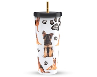 German Shepherd Insulated Stainless Steel Tumbler with Gold Straw 750ml  - Dog Mom & Dad Gift