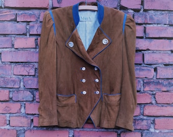 Unique vintage suede suede costumes blazer jacket in beautiful camel and blue