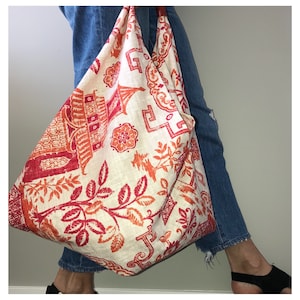 Bolsa de tela para casa de té / Bolsa de tela de lino / Bolsa de mercado / Bolsa de tela de lino naranja y rojo / Bolsa de tela para supermercado