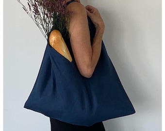 Linen Tote Bag / Blue Linen Shoulder Bag / Tote Bag with Interior Pocket / Fabric Bag / Linen Bag/ Blue Bag / Reusable Bag