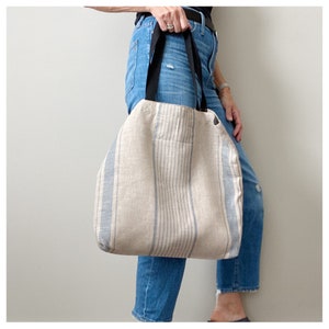 Linen Tote Bag / Linen Bag / Taupe and Blue Linen Bag