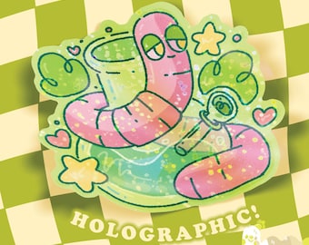 420 Silly Goofy Worm Pipe |  Rainbow Holographic Funny Worm Cottage Core Journal Sticker