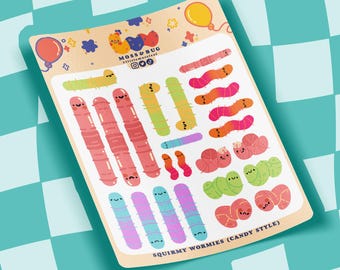 Candy Style Squirmy Wormies Sticker Sheet | Worm Sour Candy Themed Decor, Scrapbook, Journal, Borderless Stickers