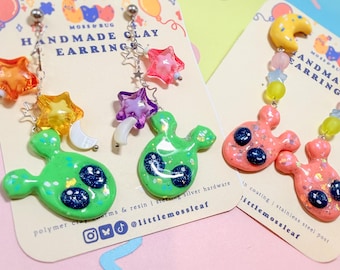 Alien Lifeforms Polymer Clay Drop Earrings | Whimsical Glitter Space Jewelry