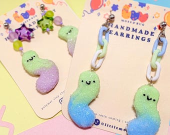 Gummy Worm Dangle Earrings | Handmade Polymer Clay Candy Jewelry