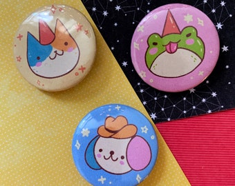 Party Animals Mini Buttons | Cute Dog, Cat, Frog, Colorful Pet Pins