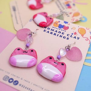 Pretty in Pink Frogs Polymer Clay Drop Earrings | Silly Cute Glitter Froggy Earring Set