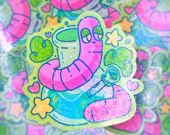 420 Silly Goofy Worm Pipe |  Rainbow Holographic Funny Worm Cottage Core Journal Sticker