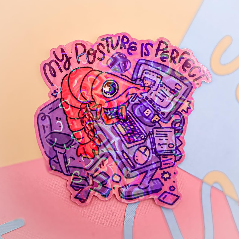 Bad Posture Shrimp Holographic Sticker : Shrimpin Work Rainbow Decal - Etsy
