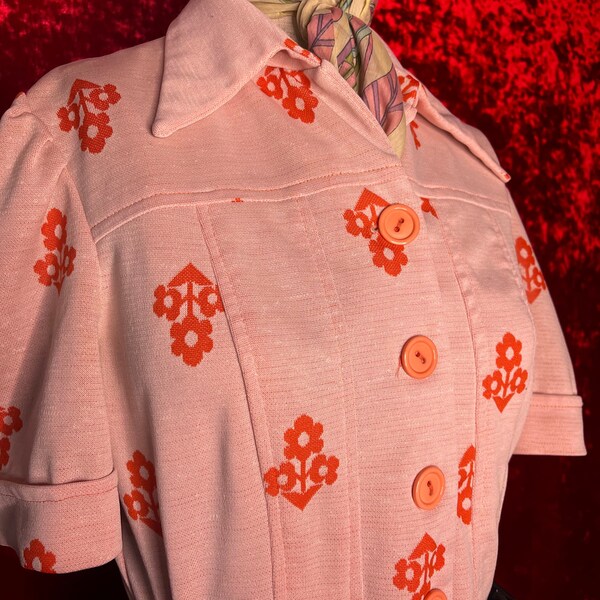 Late 1960’s - Early 1970’s Baby Pink Blouse with Red Orange Floral print. Peach colored buttons, adorable cuffed sleeves