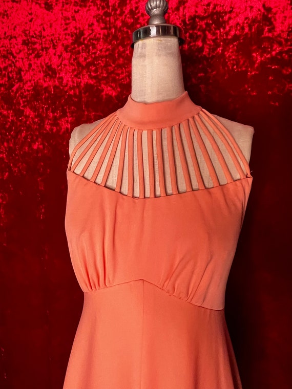 1970’s Peach Maxi dress with intricate neckline.